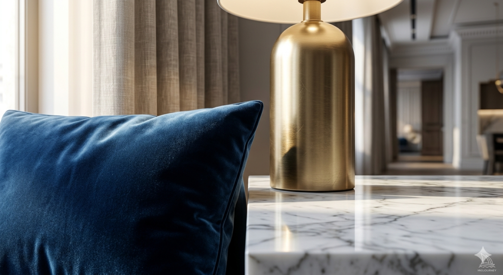 Midjourney V8.1 interior design visualization showing micro-textural detail of navy blue velvet cushion, brushed brass lamp, and white Carrara marble surface with atmospheric window lighting and depth of field