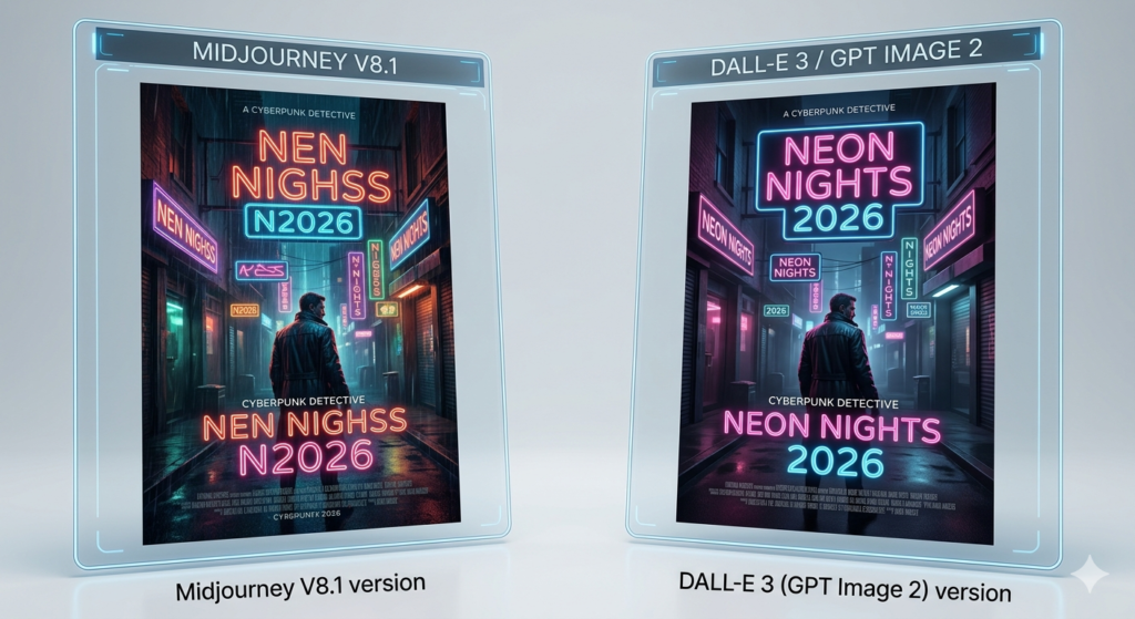 Side-by-side realism comparison: Midjourney V8.1 cyberpunk female portrait with cinematic rain, bokeh lighting, and micro-skin texture detail versus DALL-E 3 GPT Image 2 clean technically accurate portrait with readable Neon Nights 2026 background text