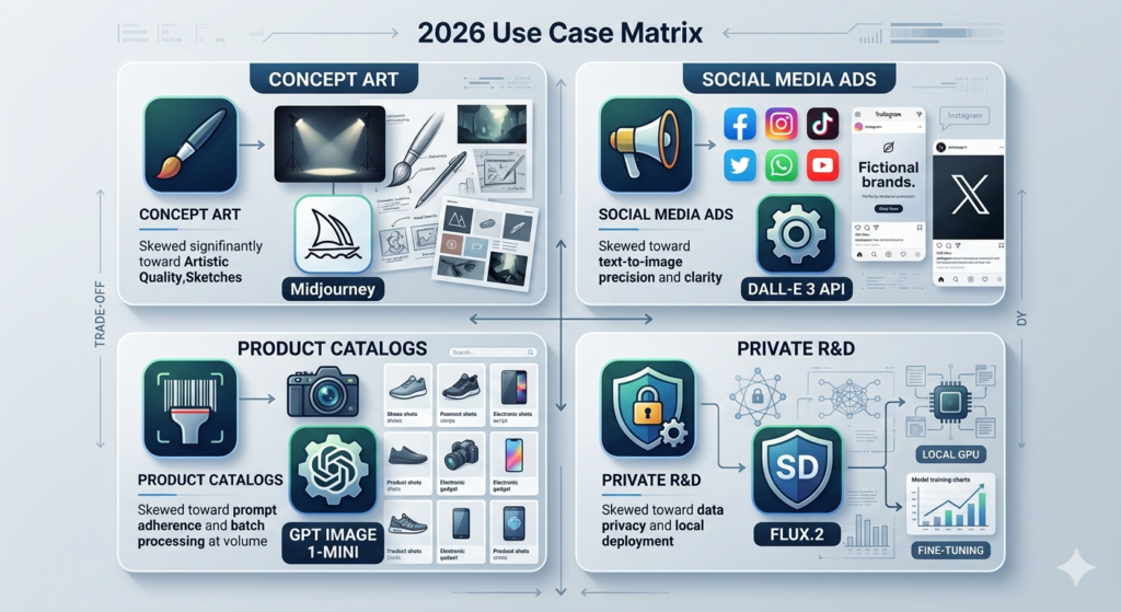 2026 use case matrix showing 4 quadrants: Midjourney for concept art skewed toward artistic quality, DALL-E 3 API for social media ads skewed toward text-to-image precision, GPT Image 1-Mini for product catalogs skewed toward prompt adherence and batch processing, and FLUX.2 for private R&D skewed toward data privacy and local deployment