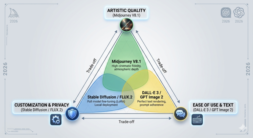 AI image generator comparison triangle diagram showing Midjourney V8.1 leading artistic quality at apex, DALL-E 3 GPT Image 2 leading ease of use and text rendering at right, and Stable Diffusion FLUX.2 leading customization and privacy at left with trade-off arrows between all 3 tools