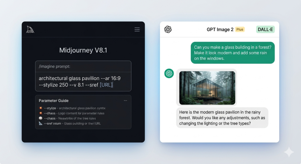 Side-by-side text rendering comparison: Midjourney V8.1 producing misspelled "NEN NIGHTSS" neon poster versus DALL-E 3 GPT Image 2 producing correctly spelled "NEON NIGHTS 2026" cyberpunk detective poster
