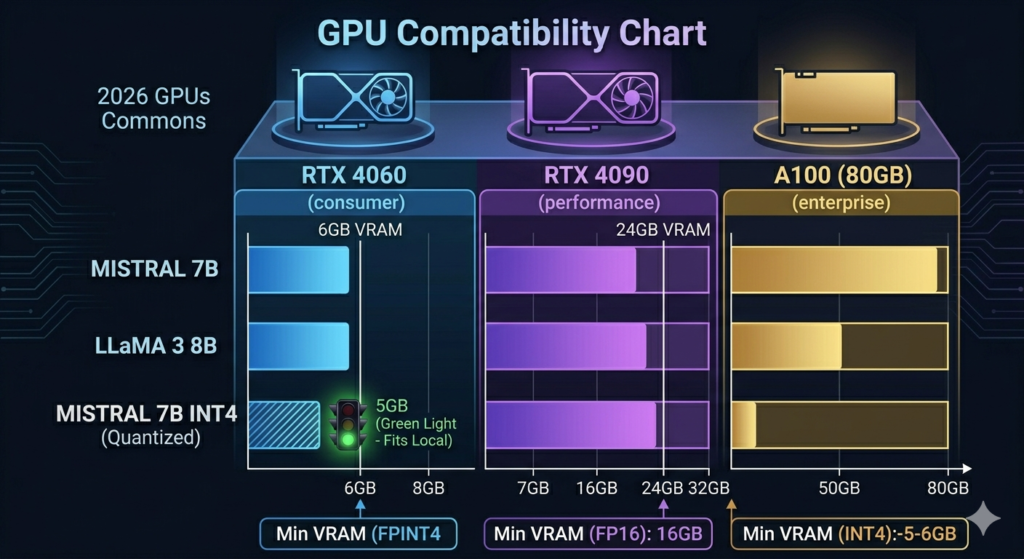 GPU compatibility chart for Mistral 7B and LLaMA 3 8B RTX 4060 consumer, RTX 4090 performance, A100 enterprise Mistral 7B INT4 quantized requires 5GB VRAM minimum