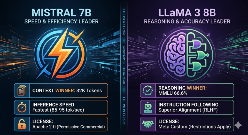 Mistral 7B vs LLaMA 3 8B comparison Mistral leads on inference speed at 85–95 tok/sec and 32K context window, LLaMA 3 leads on MMLU 66.6% reasoning accuracy