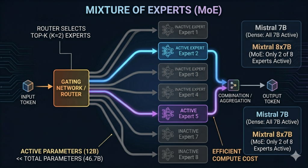 Mixture of Experts (MoE) architecture diagram for Mixtral 8x7B gating network router selects top-2 of 8 experts per token, active parameters 12B vs total parameters 46.7B, compared to Mistral 7B dense all-7B-active architecture