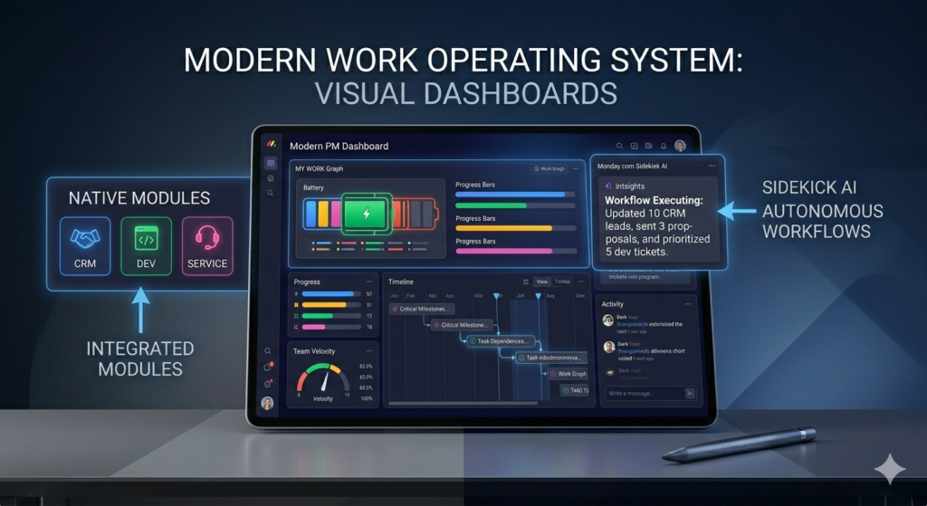 Monday.com work operating system showing native CRM, Dev, and Service modules on the left and Sidekick AI autonomous workflow panel executing CRM updates and dev ticket prioritization on the right