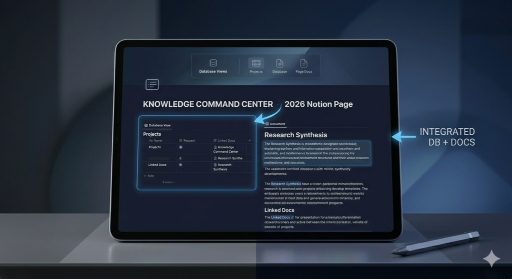 Notion knowledge command center page showing integrated database views with Projects table on the left and linked Research Synthesis document page on the right