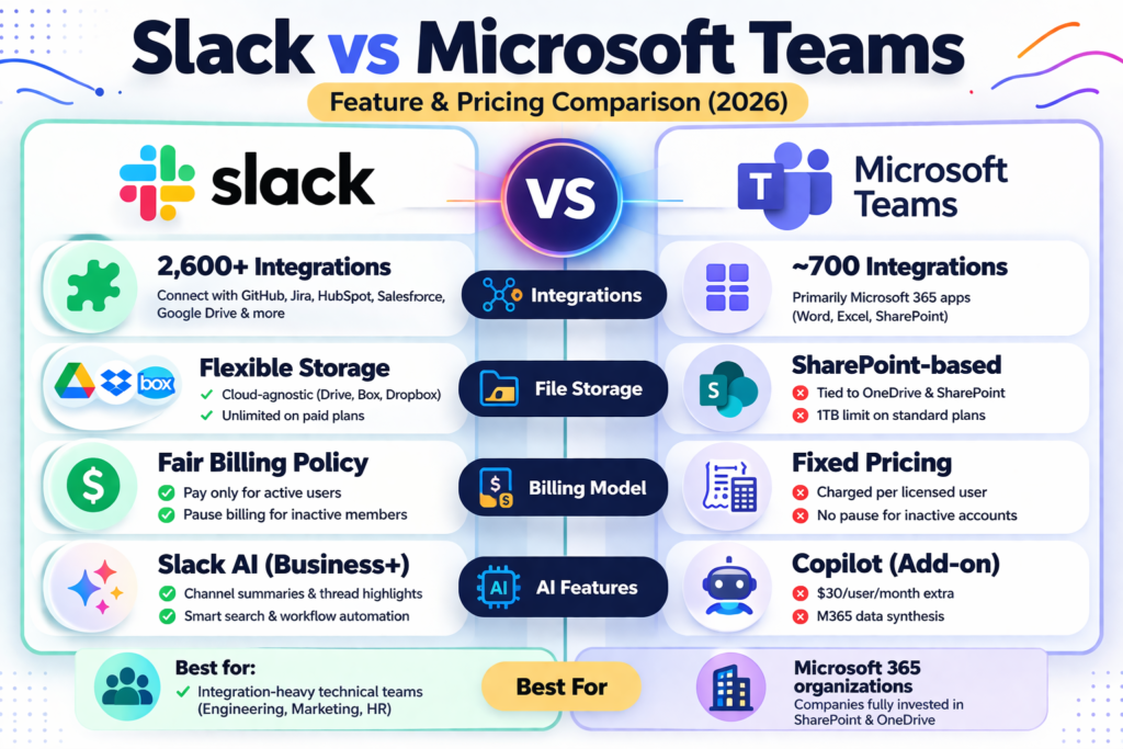 Slack vs Microsoft Teams feature and pricing comparison 2026 showing Slack's 2,600+ integrations, Fair Billing Policy, flexible cloud-agnostic storage, and Slack AI Business+ versus Microsoft Teams' 700 integrations, fixed per-user billing, SharePoint-based storage, and Copilot at $30 per user per month