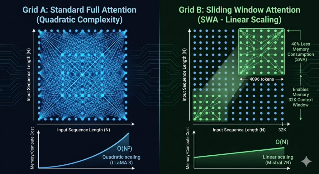 Sliding Window Attention (SWA) linear scaling O(N) in Mistral 7B vs standard full attention quadratic scaling O(N²) in LLaMA 3 40% less memory consumption, enables 32K context window