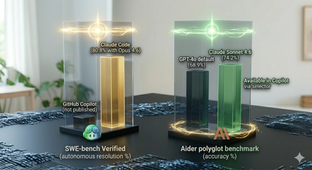 Two benchmark comparison displays side by side: SWE-bench Verified showing Claude Code at 80.8% with Opus 4.6 versus GitHub Copilot not published, and Aider polyglot benchmark showing Claude Sonnet 4.6 at 74.2% versus GPT-4o default at 68.9% with note that Claude Sonnet 4.6 is available in Copilot via model selector