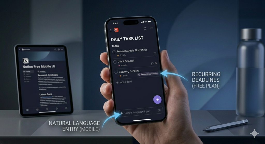 Todoist mobile app on iPhone showing natural language task entry field and recurring deadline feature with Notion Free Mobile UI visible on a tablet in the background