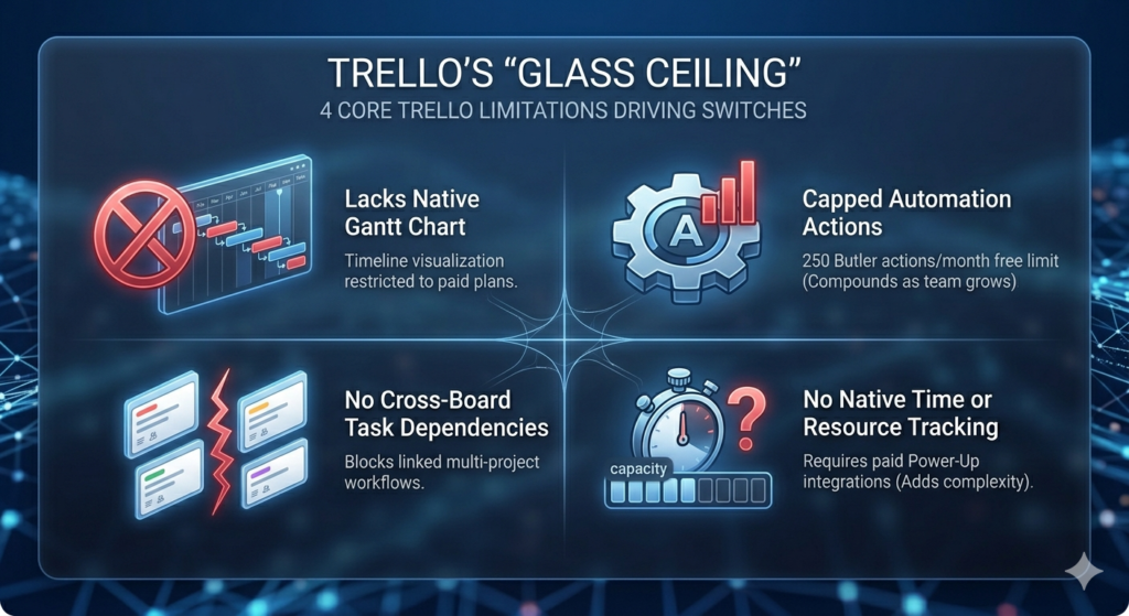 Infographic showing Trello's 4 core limitations: lacks native Gantt chart, capped automation at 250 Butler actions per month, no cross-board task dependencies, and no native time or resource tracking