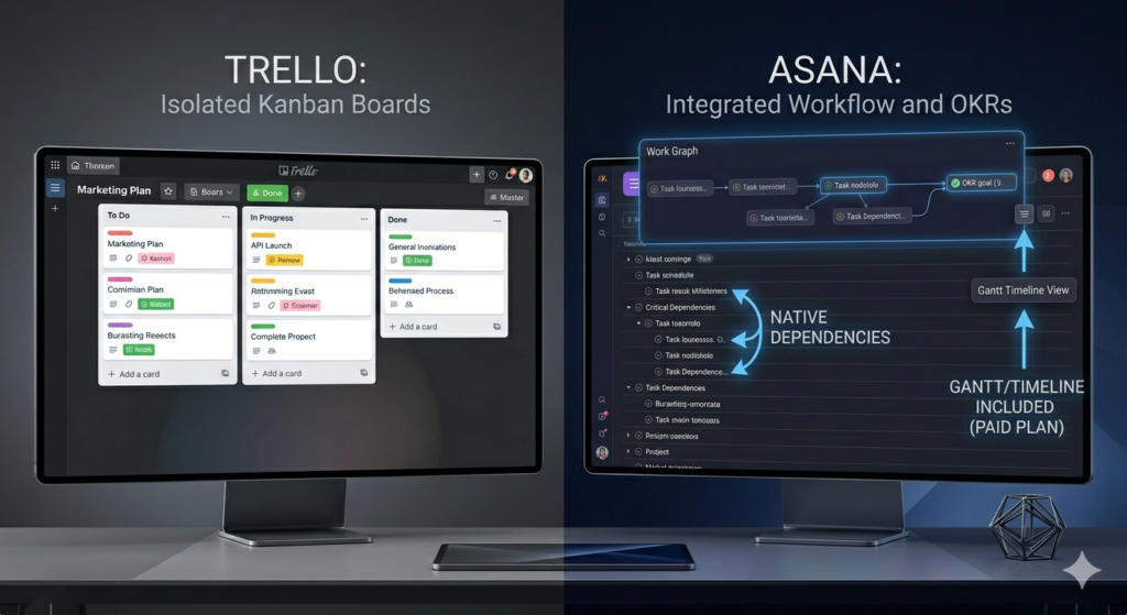 Trello isolated kanban board with basic task cards and no dependencies on the left versus Asana Work Graph showing native task dependencies, OKR goal tracking, and Gantt timeline view on the right