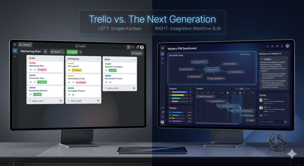 Trello kanban board showing simple task cards on the left versus Monday.com integrated workflow dashboard with AI, timeline, and progress tracking on the right