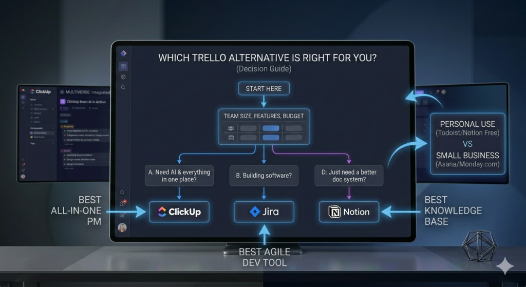 Decision guide flowchart for choosing the best Trello alternative showing ClickUp for all-in-one PM, Jira for agile development teams, and Notion for knowledge base documentation