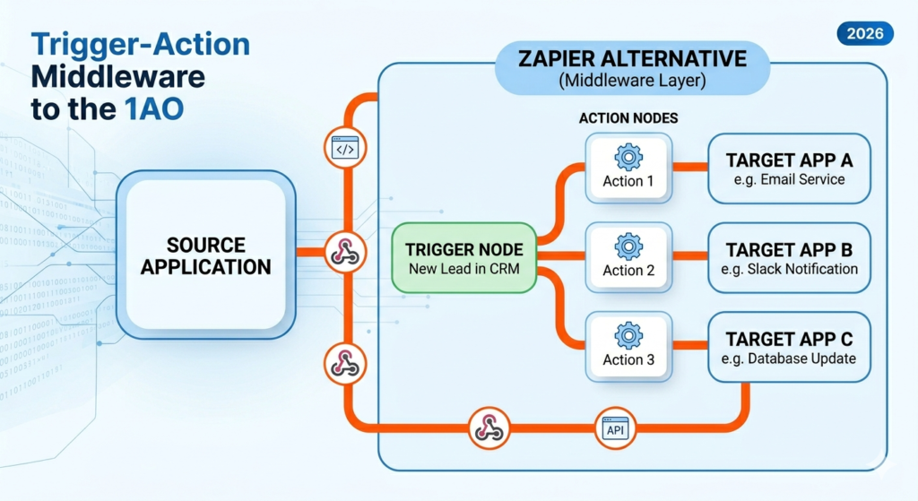 trigger action middleware diagram showing zapier alternative middleware layer with trigger node new lead in crm routing to email service slack notification and database update