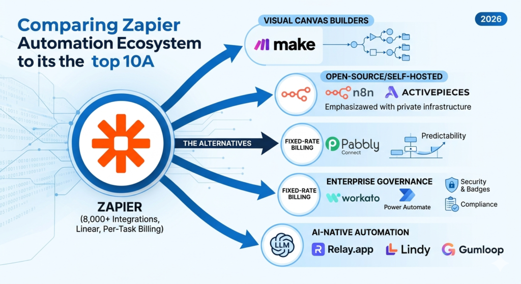 zapier alternatives comparison diagram showing make n8n pabbly connect workato relay app lindy and gumloop across 5 automation categories 2026