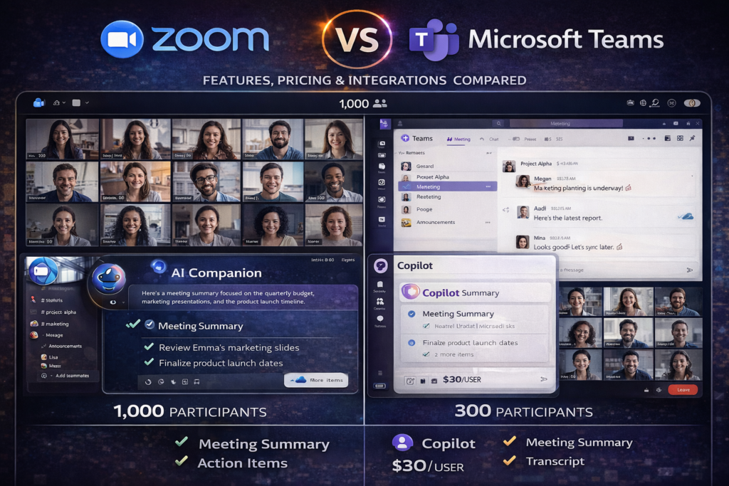 Zoom vs Microsoft Teams video and pricing comparison 2026 showing Zoom supporting 1,000 participants with AI Companion meeting summaries and action items included versus Microsoft Teams supporting 300 participants with Copilot at $30 per user per month as a paid add-on