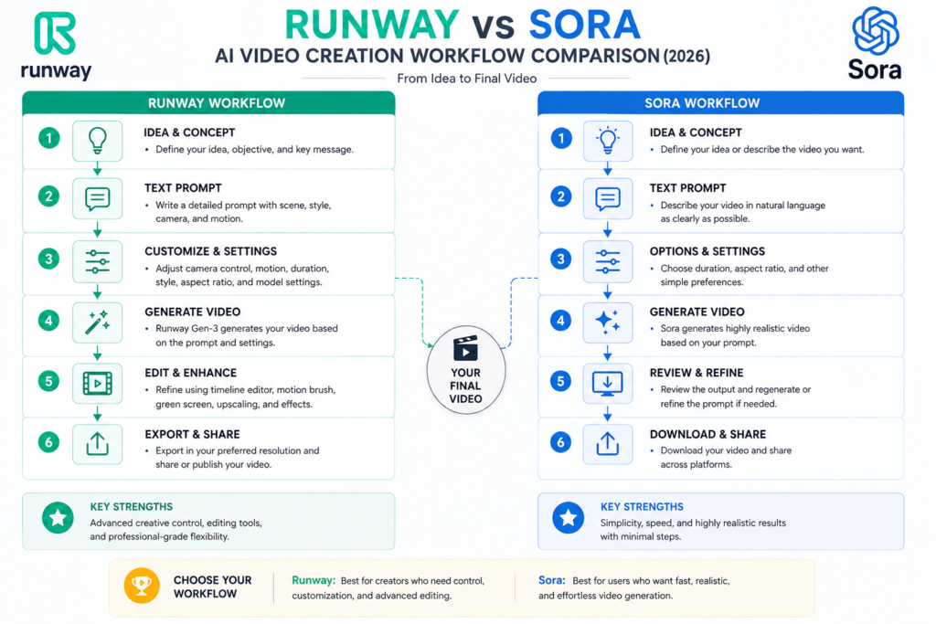 Workflow diagram showing AI video generation process in Runway and Sora