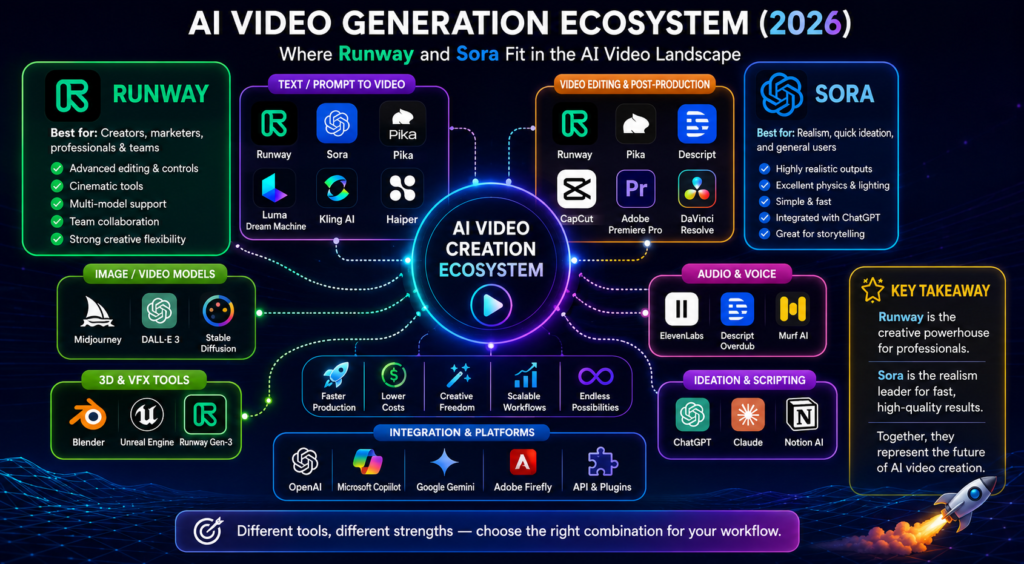 Ecosystem map of AI video generation tools including Runway and Sora