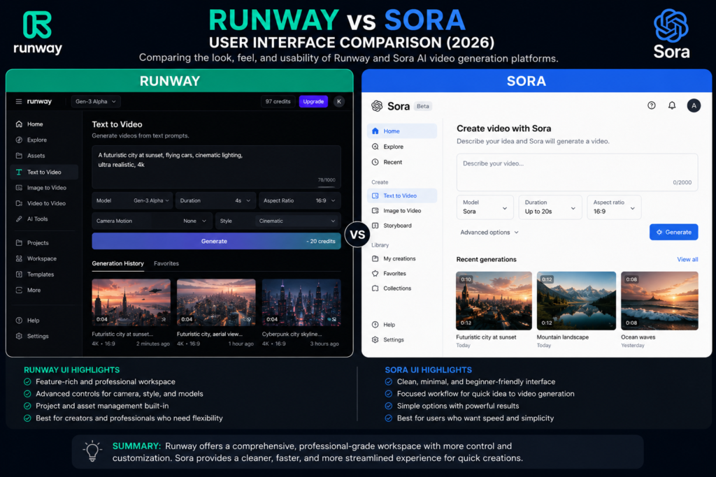 Screenshot comparison of Runway and Sora AI video generation interfaces