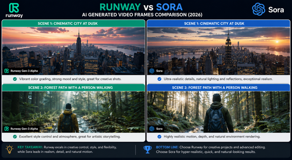 Side-by-side comparison of AI video frames generated by Runway and Sora