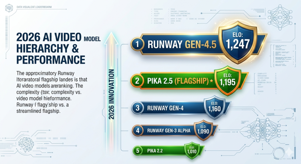 2026 AI video model hierarchy and performance leaderboard showing Elo rankings: Runway Gen-4.5 ranked #1 at 1,247 Elo, Pika 2.5 flagship ranked #2 at 1,195 Elo, Runway Gen-4 at #3, Runway Gen-3 Alpha at #4, and Pika 2.2 at #5