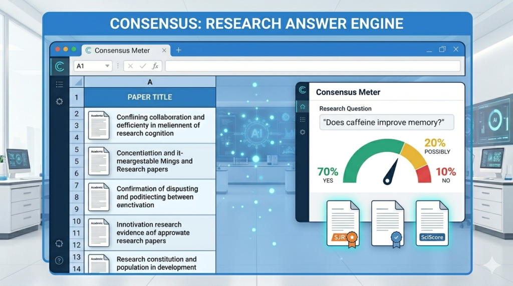 Consensus Meter showing 70% yes agreement for a research question with SJR and SciScore badges.