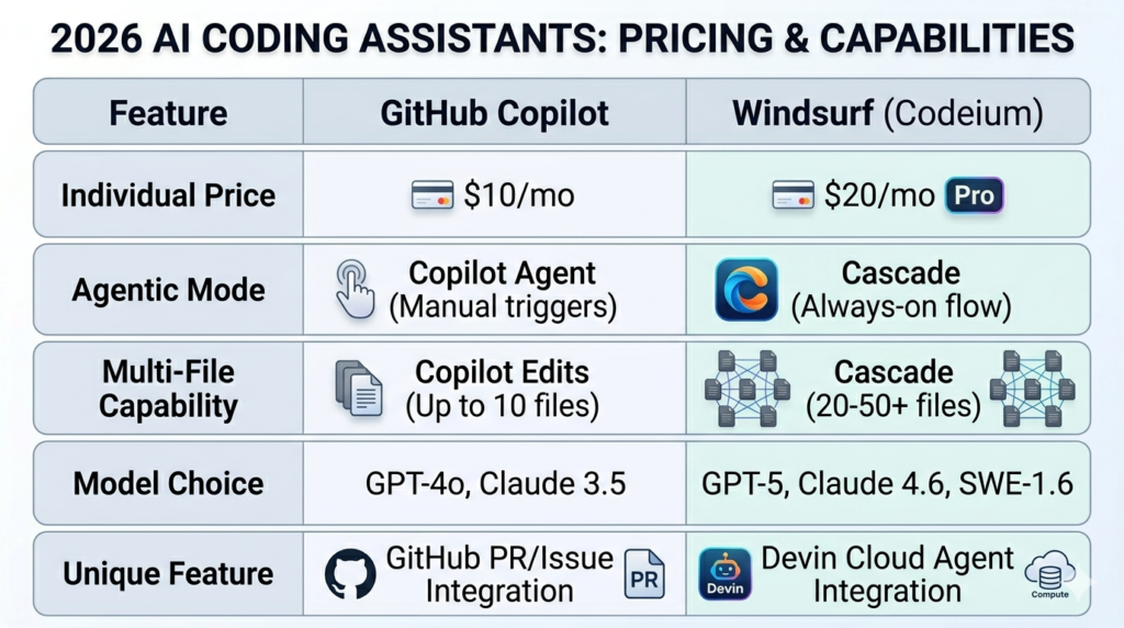 2026 AI coding assistant pricing and capabilities table: GitHub Copilot $10/month with manual Copilot Agent for up to 10 files using GPT-4o and Claude 3.5 versus Windsurf $20/month Pro with always-on Cascade for 20-50+ files using GPT-5, Claude 4.6, and SWE-1.6 models