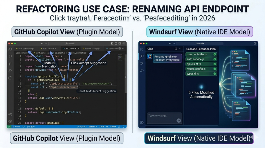 Developer stack workflow architecture comparison: GitHub Copilot as AI layer bridging VS Code/JetBrains core IDE to OpenAI/GitHub cloud through plugin extension versus Windsurf as AI-native IDE core with Cascade integrated into editor, terminal, debugger, and file changes connected to Windsurf Cloud Devin Agents