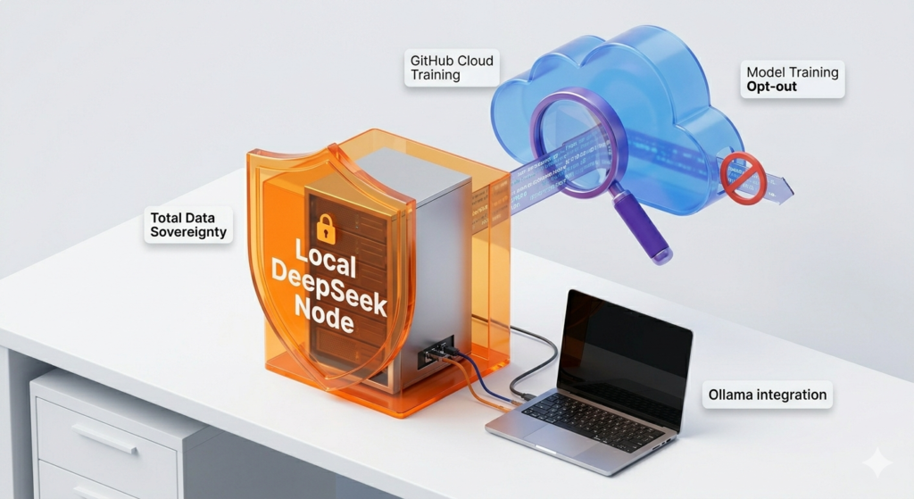 DeepSeek local node protected by a data sovereignty shield, connected via Ollama to a laptop, with GitHub Cloud model training blocked by an opt-out symbol