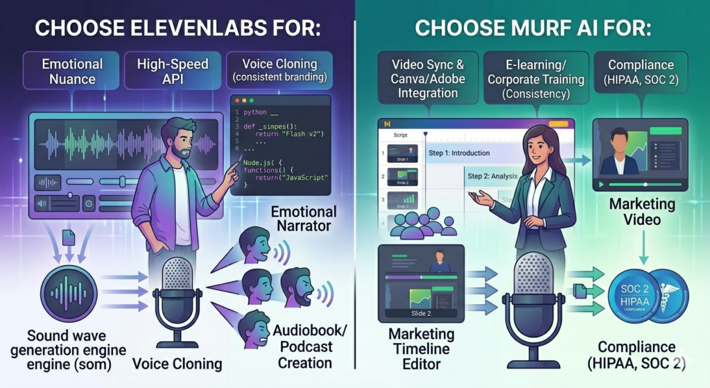ElevenLabs interface showing emotional depth controls and voice cloning editor versus Murf AI interface displaying video timeline synchronization and broadcast production tools