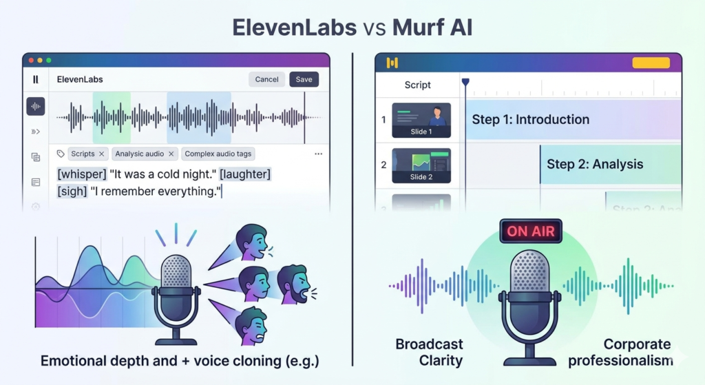 ElevenLabs vs Murf AI use case comparison showing ElevenLabs for emotional nuance, voice cloning, and API integration versus Murf AI for video synchronization, e-learning, and compliance features