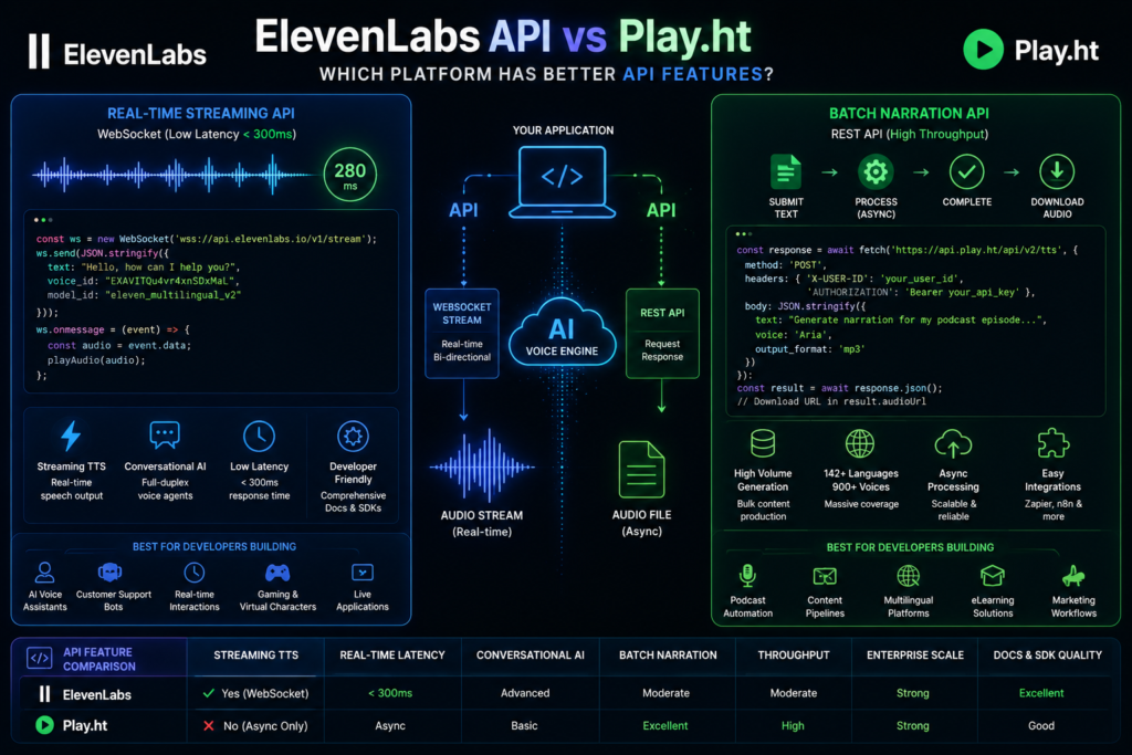 ElevenLabs API vs Play.ht API comparison showing WebSocket streaming, REST API workflows, developer tools, and real-time AI speech generation
