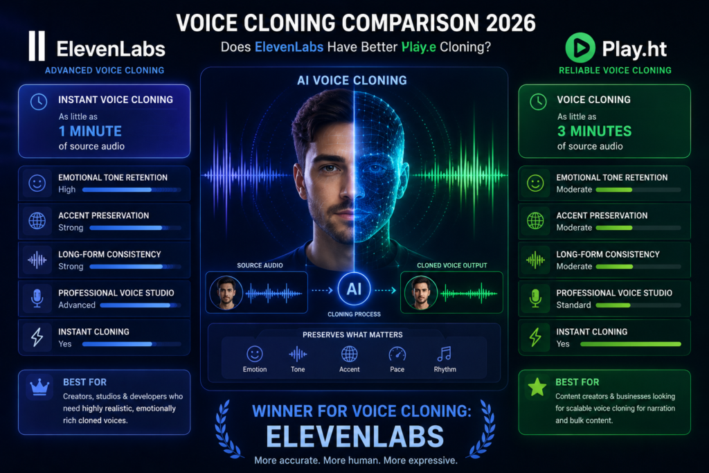 AI voice cloning comparison infographic showing ElevenLabs and Play.ht cloning accuracy, emotional retention, and accent preservation