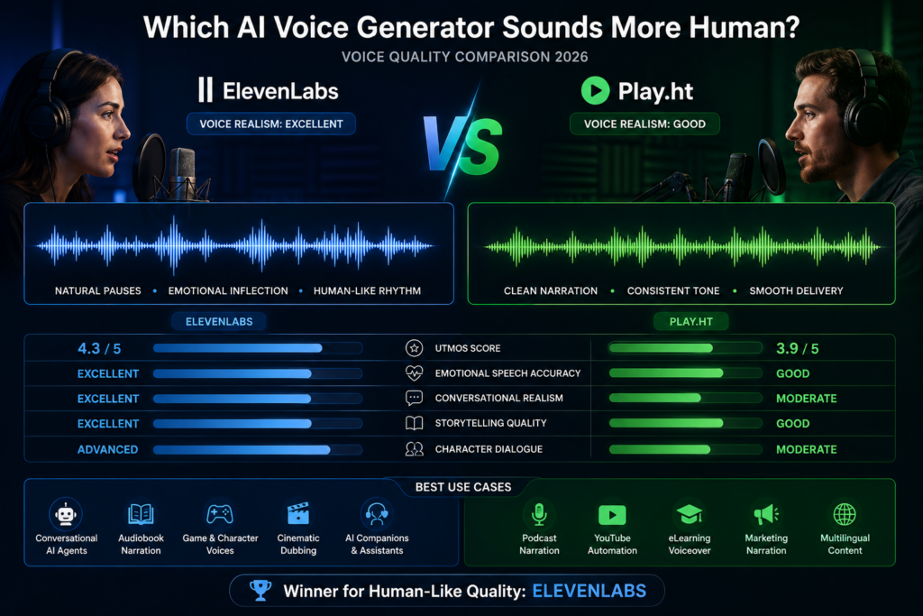 Voice quality comparison between ElevenLabs and Play.ht showing waveform realism, emotional speech accuracy, and conversational AI performance