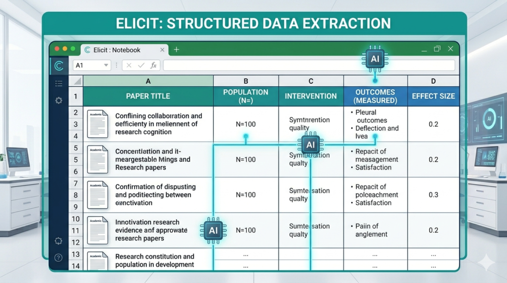 Mockup of Elicit Notebook interface showing extraction columns for population, intervention, and outcomes.