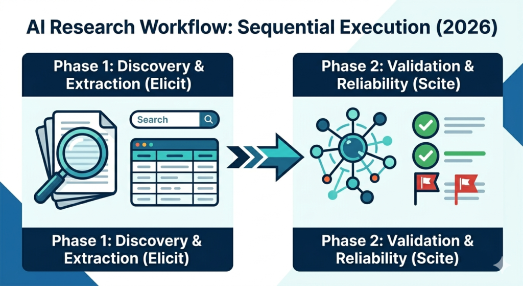 AI research workflow sequential execution diagram showing Phase 1 Discovery and Extraction using Elicit with semantic search and structured tables leading to Phase 2 Validation and Reliability using Scite with Smart Citations and contradiction flags