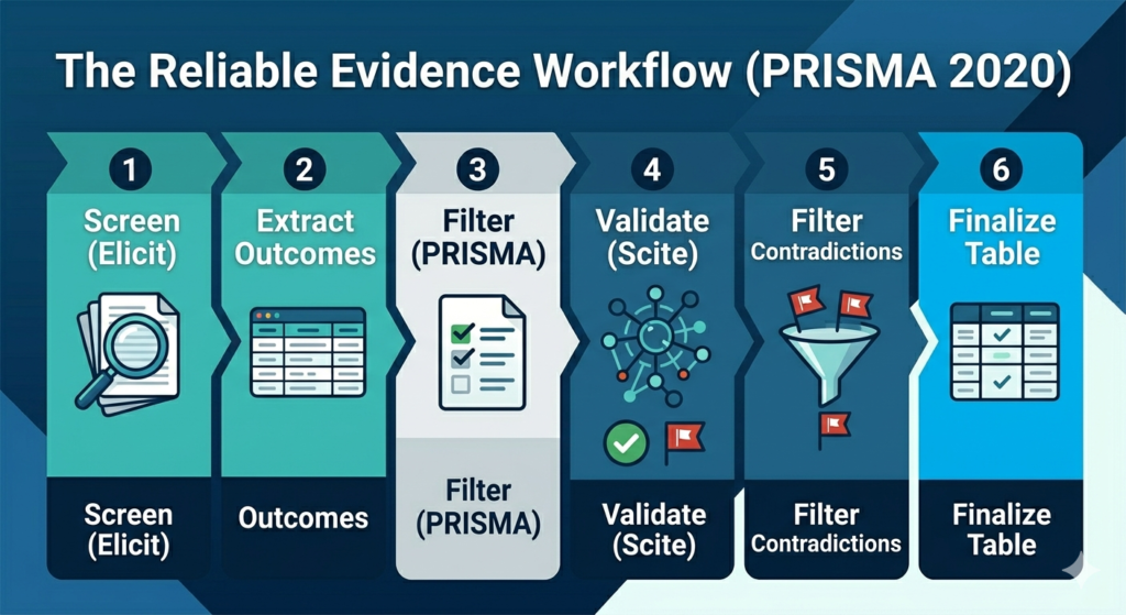 PRISMA 2020 reliable evidence workflow diagram showing 6 sequential steps: Screen with Elicit, Extract Outcomes, Filter using PRISMA criteria, Validate with Scite Smart Citations, Filter Contradictions, and Finalize Evidence Table