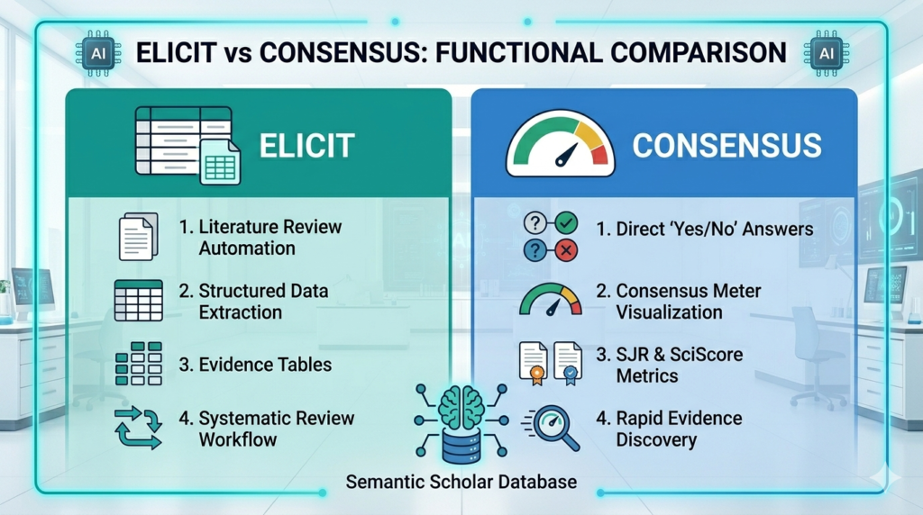 Functional comparison infographic listing key differences between Elicit and Consensus research workflows.
