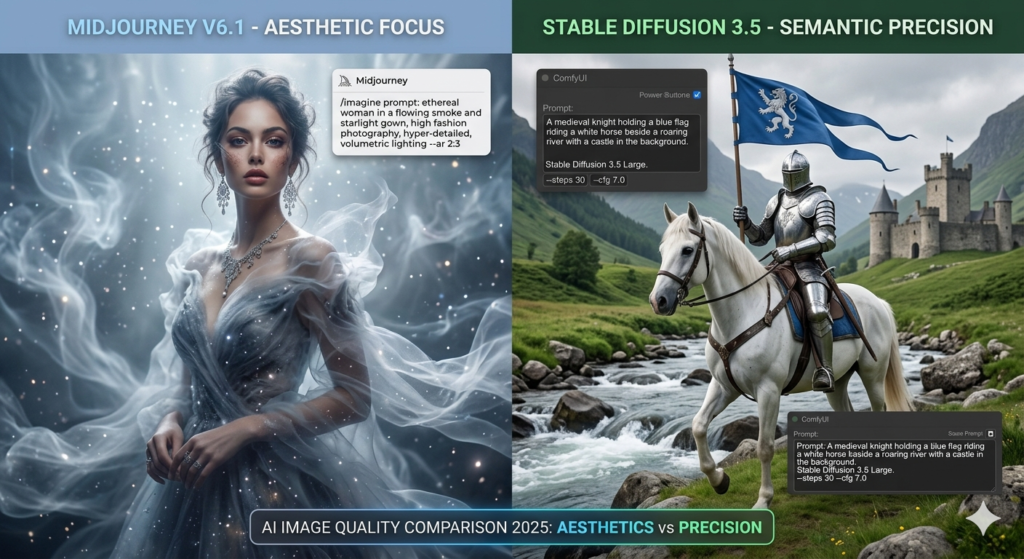 Midjourney V6.1 aesthetic output of an ethereal woman in flowing smoke gown compared to Stable Diffusion 3.5 Large semantic precision output of a medieval knight on a white horse, demonstrating aesthetics vs prompt accuracy in 2025