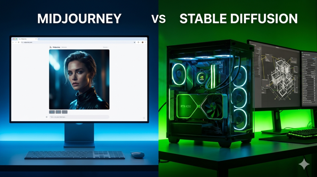 Midjourney cloud-based web interface on a desktop monitor compared to a local Stable Diffusion workstation with NVIDIA RTX 4090 GPU and ComfyUI node workflow on dual monitors, illustrating the deployment model difference between the 2 platforms