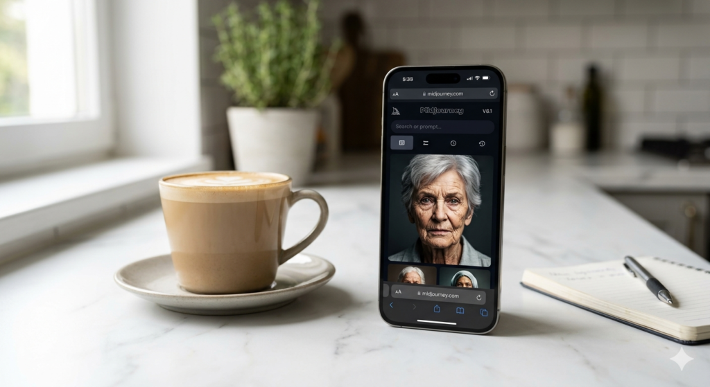 Midjourney V8.1 web application on iPhone browser at midjourney.com displaying an AI-generated photorealistic portrait of an elderly woman in the community gallery grid view