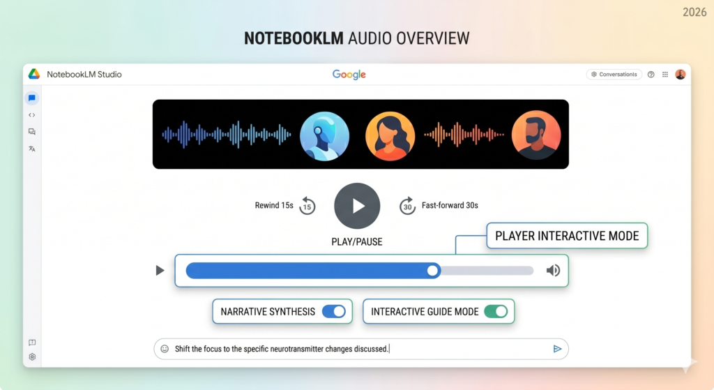 NotebookLM Studio audio overview interface showing 3-avatar podcast player with play, rewind 15 seconds, and fast-forward 30 seconds controls, narrative synthesis toggle, interactive guide mode toggle, and real-time chat input prompt