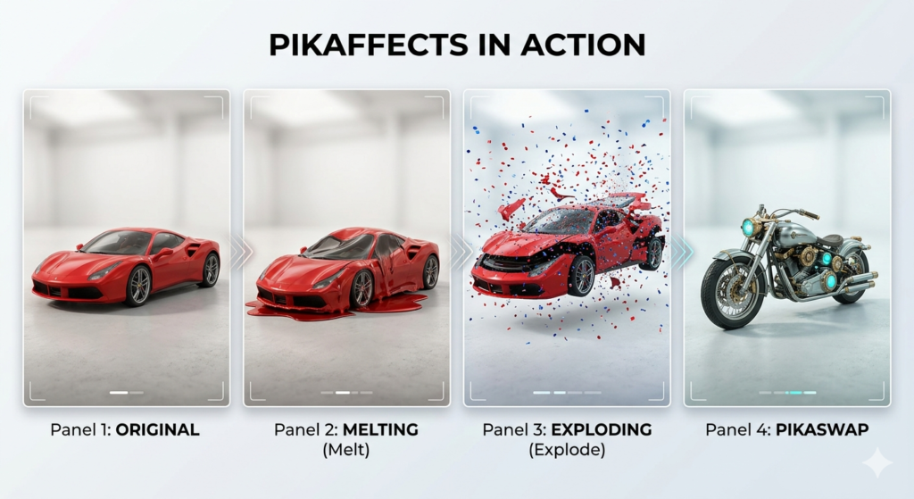 Pika creative effects demonstration showing 4 transformation panels: original red Ferrari, melting effect, exploding effect, and Pikaswap vehicle transformation feature in action