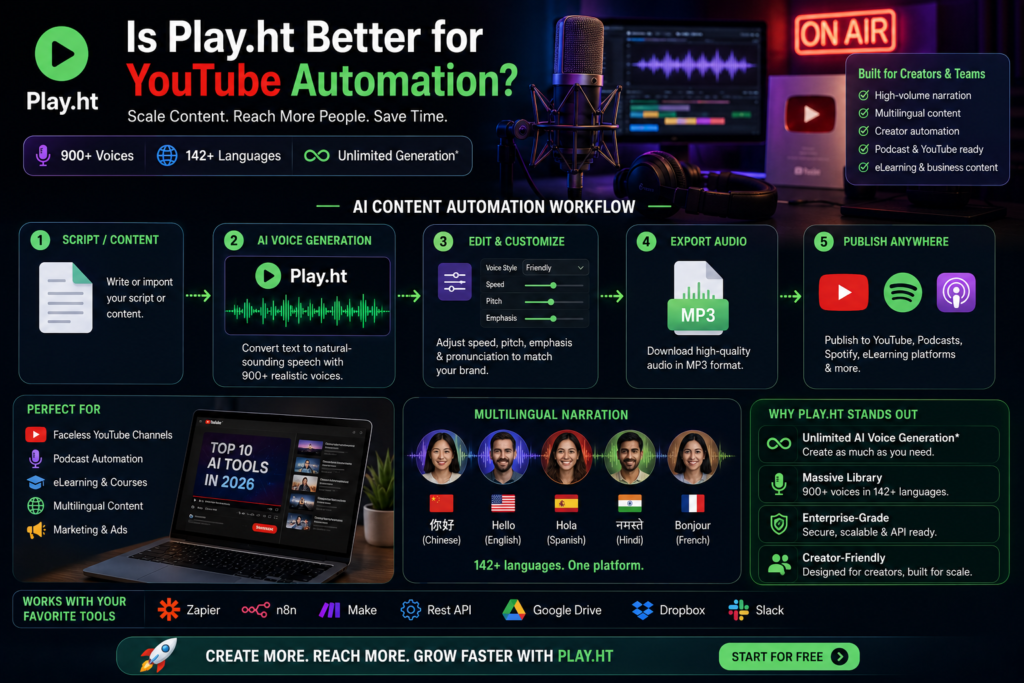 Play.ht YouTube automation workflow infographic showing podcast narration, multilingual AI voice generation, and creator automation tools