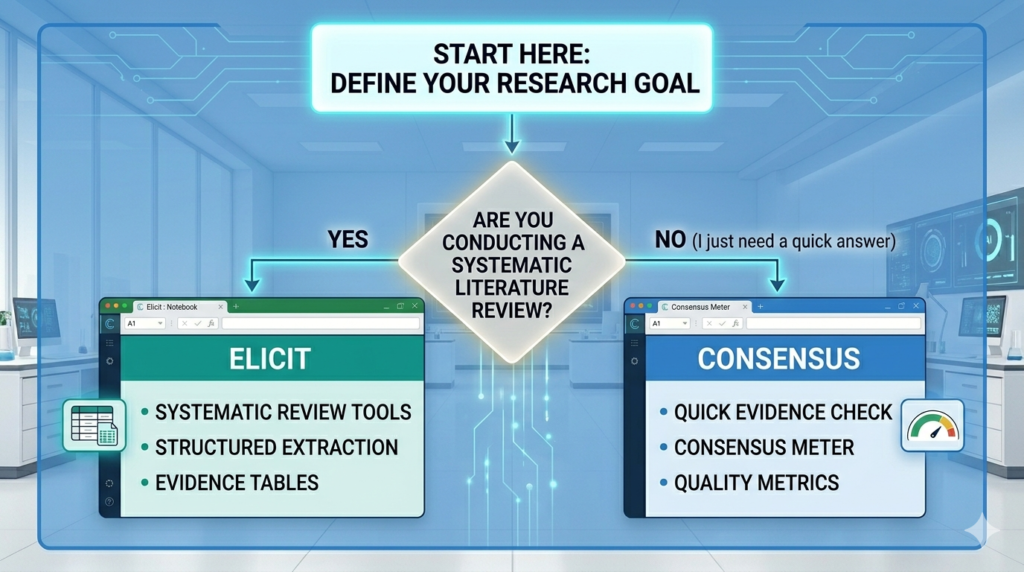 Decision tree flowchart helping researchers choose between Elicit and Consensus based on project goals.