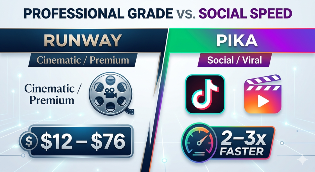 Professional grade versus social speed comparison infographic: Runway for cinematic premium content at $12-$76 per month versus Pika for social viral content with 2-3x faster generation speed featuring TikTok and Instagram icons