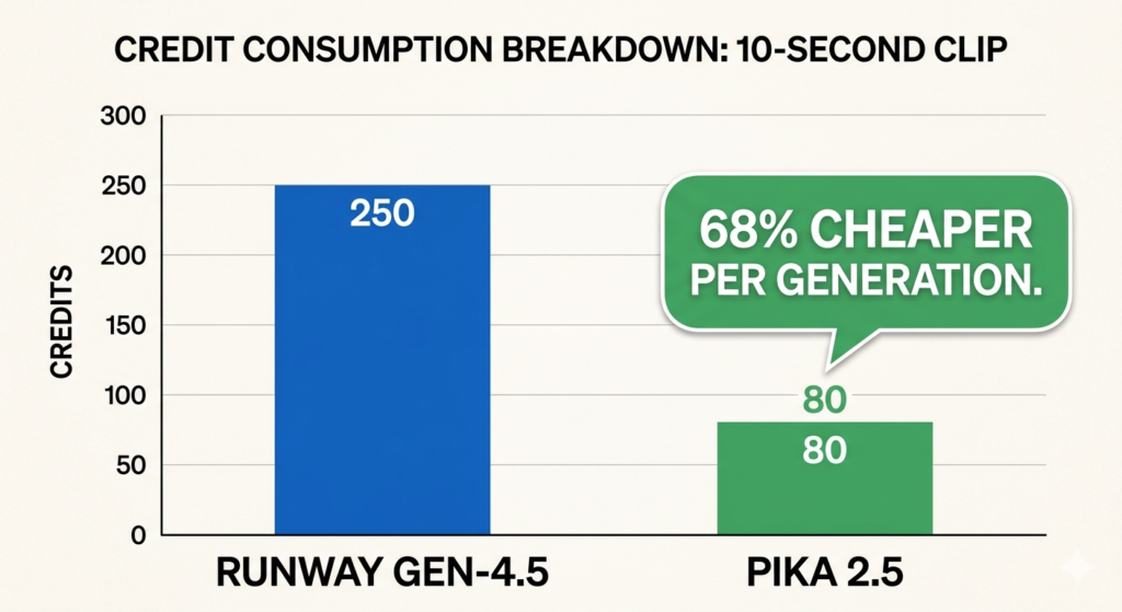 Credit consumption breakdown comparison chart for 10-second video clip showing Runway Gen-4.5 costs 250 credits versus Pika 2.5 costs 80 credits, highlighting Pika is 68 percent cheaper per generation
