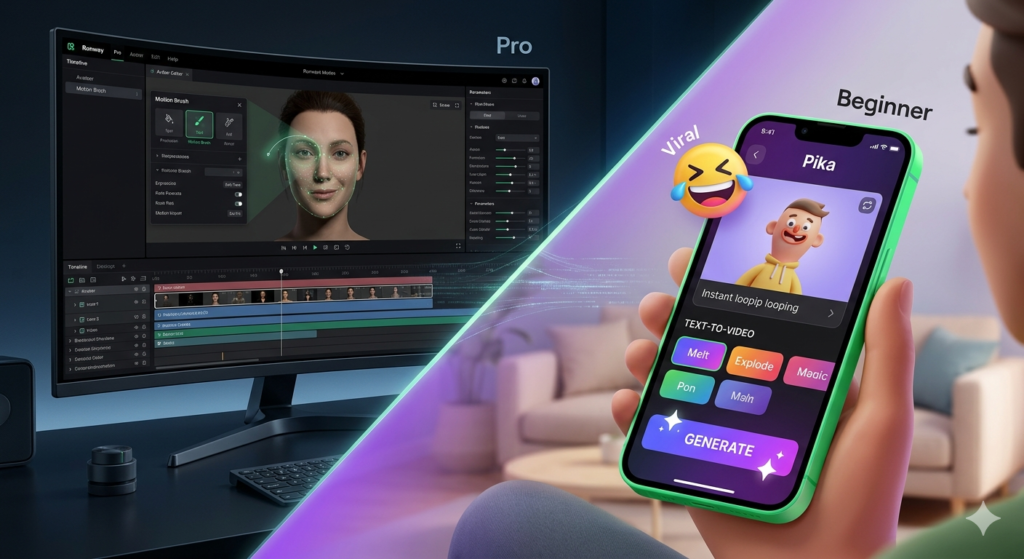 Runway vs Pika interface comparison showing professional video editing software on desktop (left) versus mobile-first viral content creation app (right) with text-to-video effects including Melt, Explode, and Magic buttons