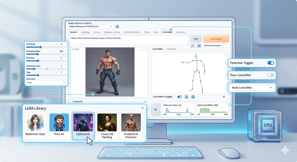 Stable Diffusion AUTOMATIC1111 interface showing ControlNet pose mapping and LoRA Library with 5 style presets including Watercolor, Pixel Art, and Cyberpunk on a local GPU workstation